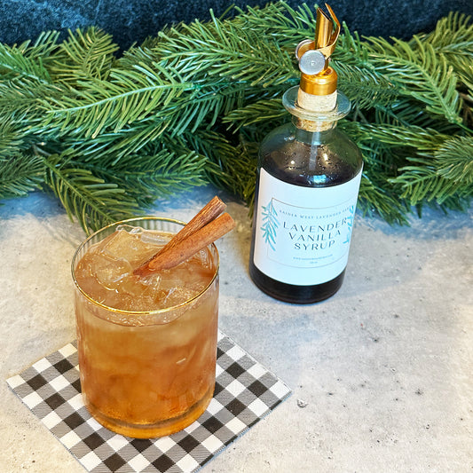 Lavender Chai Old Fashioned, lavender cocktails, lavender simple syrup, raider west farms, lavender farm, lavender beverages, culinary lavender, lubbock, tx