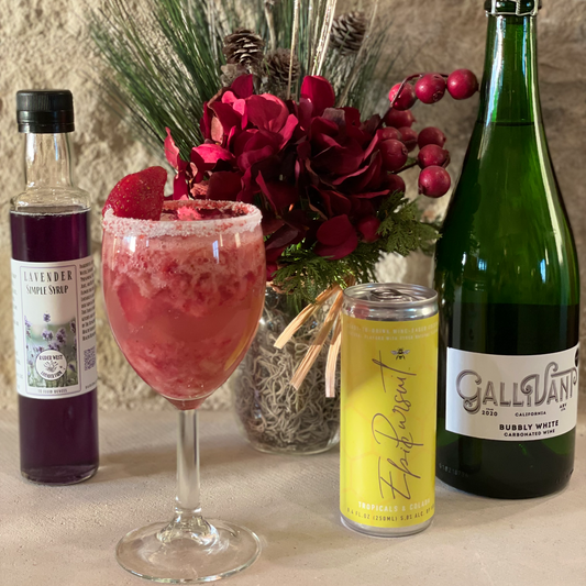 wine cocktail, scout&cellar, strawberry spritzer, lavender syrup, president's day, lavender sugar, raider west farms, lubbock, tx, lavender farm, lavender infused beverages, lavender recipes, lavender, cooking with lavender