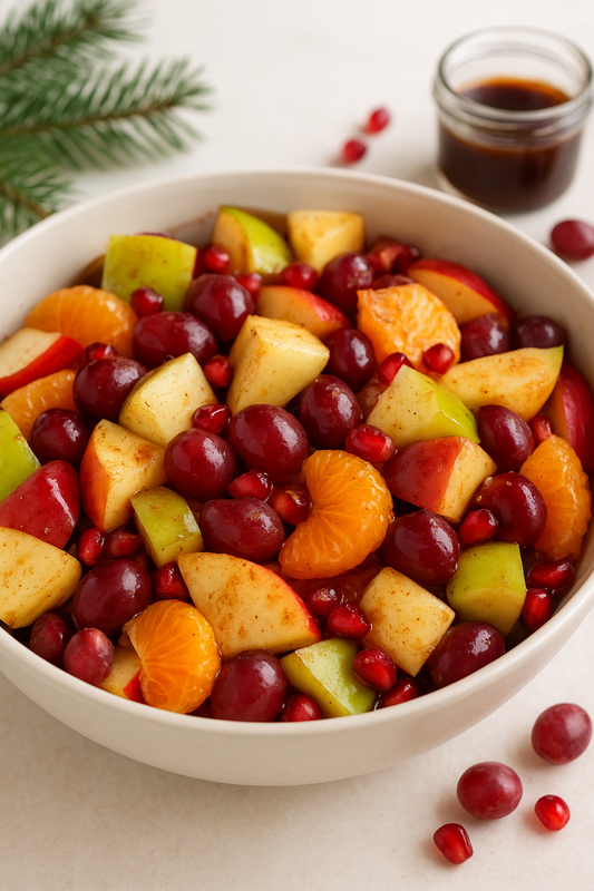 This warm and rich vinaigrette is perfect to create a Holiday fruit salad with apples, pears, grapes, mandarins, and fresh or dried cranberries.
