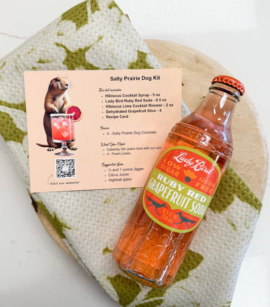 raider west farms, salty prairie dog cocktail kit, west texas, prairie dogs, hibiscus cocktail syrup, hibiscus lime cocktail rimmer, cheers, ladybird ruby red grapefruit soda.