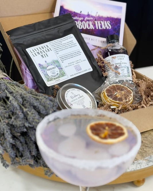 Lavender lemonade mix, raider west farms, LBK, lavender cocktail syrup, blackberry cocktail rimmer, cheers.