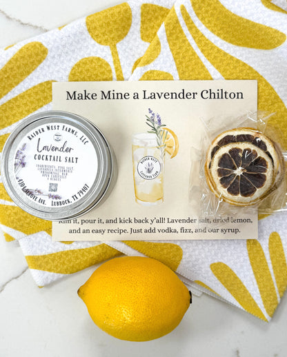 Lavender cocktail salt, dehydrated lemon wheels, and a recipe card. Raider West Farms, lavender chilton, Lubbock's cocktail, RWF, make mine a chilton.