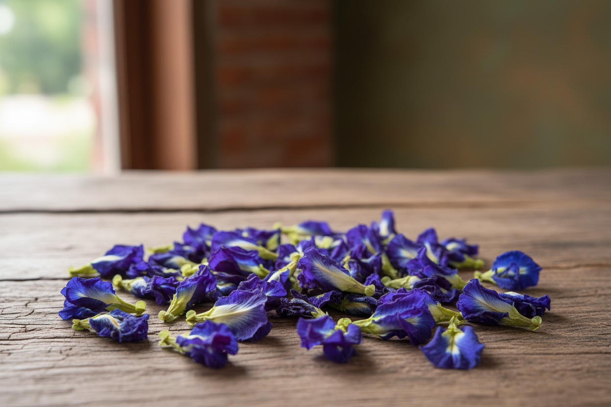 butterfly pea flowers, mint, elderflowers, and lavender buds.